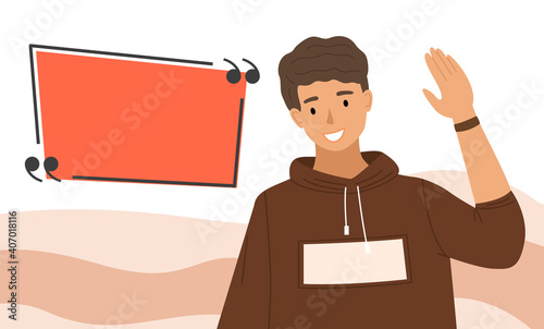 Handsome guy waving his hand. Male character shows greeting gesture on the background of dialog box. heerful guy in a hoodie raises his hand and thinks about what to say vector illustration