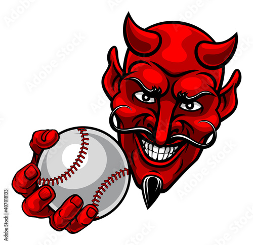A devil or satan baseball sports mascot cartoon character holding a ball