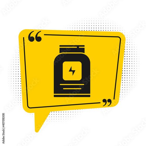 Black Sports nutrition bodybuilding proteine power drink and food icon isolated on white background. Yellow speech bubble symbol. Vector.