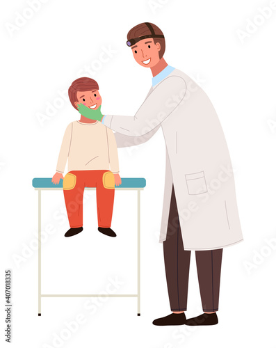 The otolaryngologist looks at the child. Doctor and kid characters on medical examination. ENT holds the boy by the head to check his throat. Doctor and little patient isolated on white background