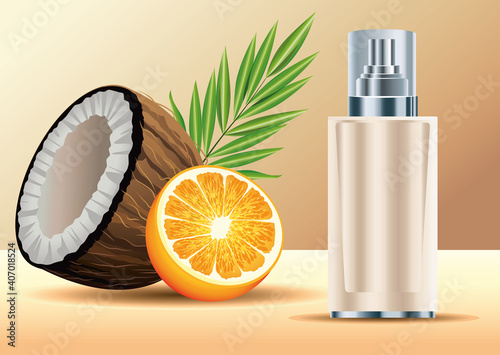 cream skin care spray bottle product with coconut and orange