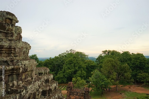 Phnom Bakheng Temple and aerial view from the temple in Siem Reap  Cambodia  Ancient Khmer architecture.