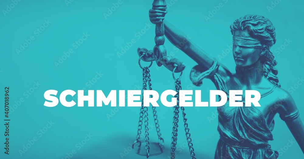 Naklejka premium Schmiergelder. Close-up einer Justitia Statue. Duotone blau mit weißem Text. Symbol für Gerechtigkeit und Anwalt.