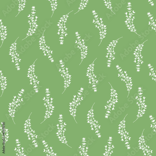 Seamless Pattern with Thyme sprigs on Green Background.