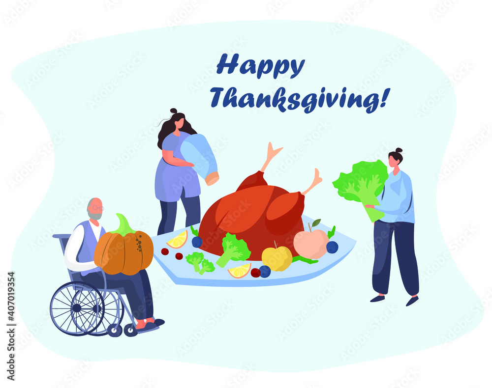 Fototapeta premium Family Turkey Dinner on Thanksgiving Day.Happy Relatives Eating Festive Thanksgiving Dinner.Fall Holiday Celebration. Annual Festive Meal.Turkey Bird with Pumpkin.Flat Vector Illustration