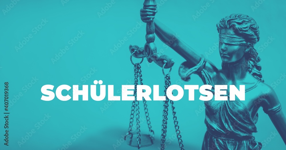 Naklejka premium Schülerlotsen. Close-up einer Justitia Statue. Duotone blau mit weißem Text. Symbol für Gerechtigkeit und Anwalt.