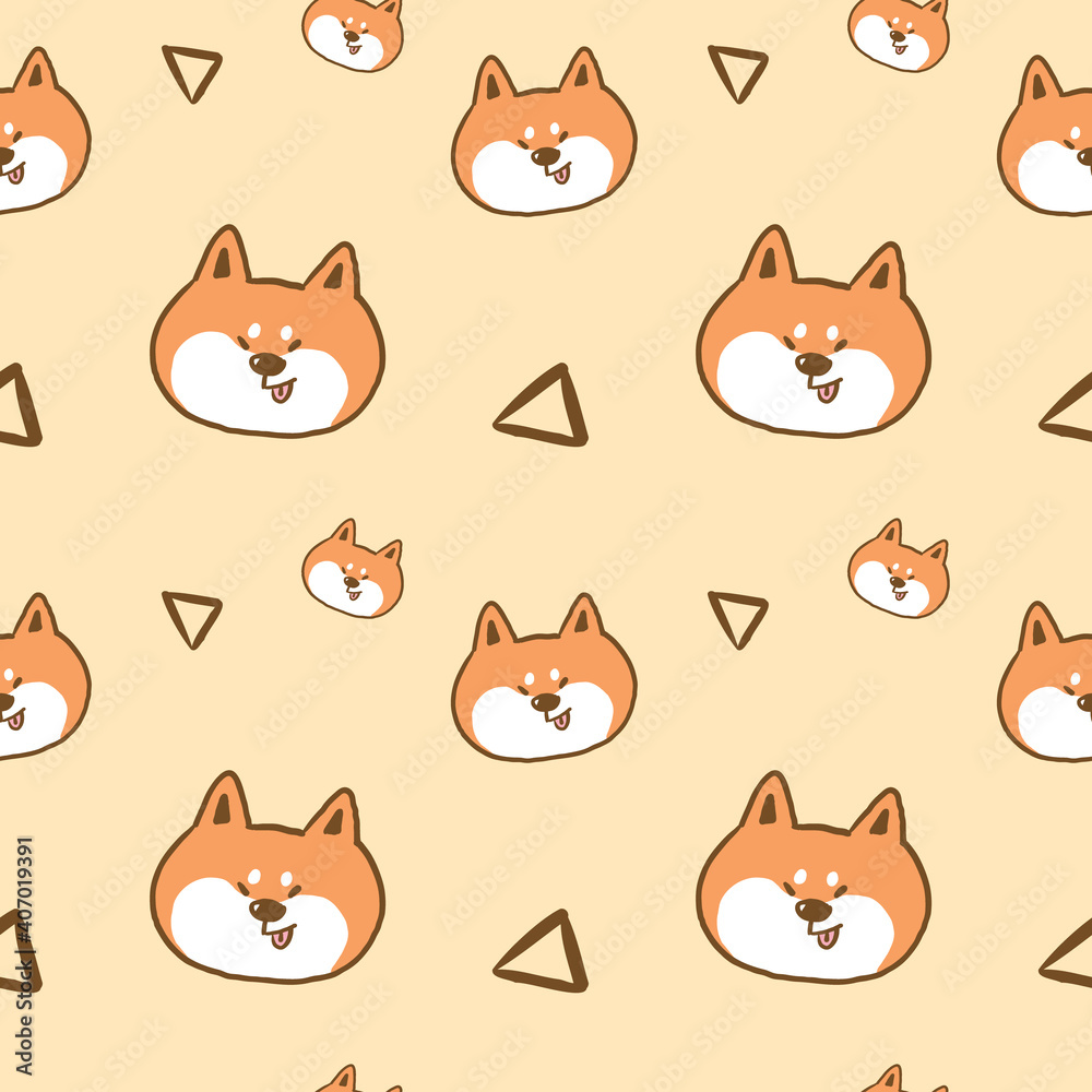 Seamless Pattern with Cartoon Shiba Inu Face Design on Yellow Background