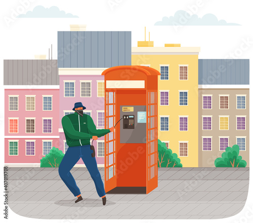 Vandal damaging the telephone booth on the town street. Bandit in mask and hat destroy city property. Street gangsters and vandalism concept. Cartoon vector illustration with a man breaks telephone
