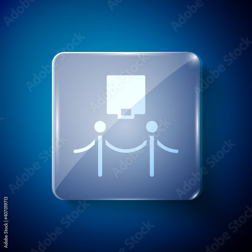 White Picture frame and rope barrier icon isolated on blue background. Exhibit protection. Museum gallery interior. Square glass panels. Vector.