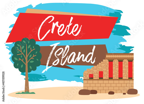 Postcard with a picture of a landmark. Ancient buildings and olive tree vector illustration. Symbols of island Crete and attractions. Landscape of greece territory with plants and architecture