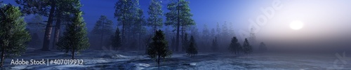 Forest over ice, River in the morning in fog, lake in haze, forest over frozen water in the sun, trees in fog over ice