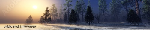 Forest over ice, River in the morning in fog, lake in haze, forest over frozen water in the sun, trees in fog over ice