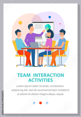 Team interaction activity, meeting and teambuilding concept. Boss giving presentation for employees. Colleagues are sitting by table brainstorming and communicating. Website landing page template