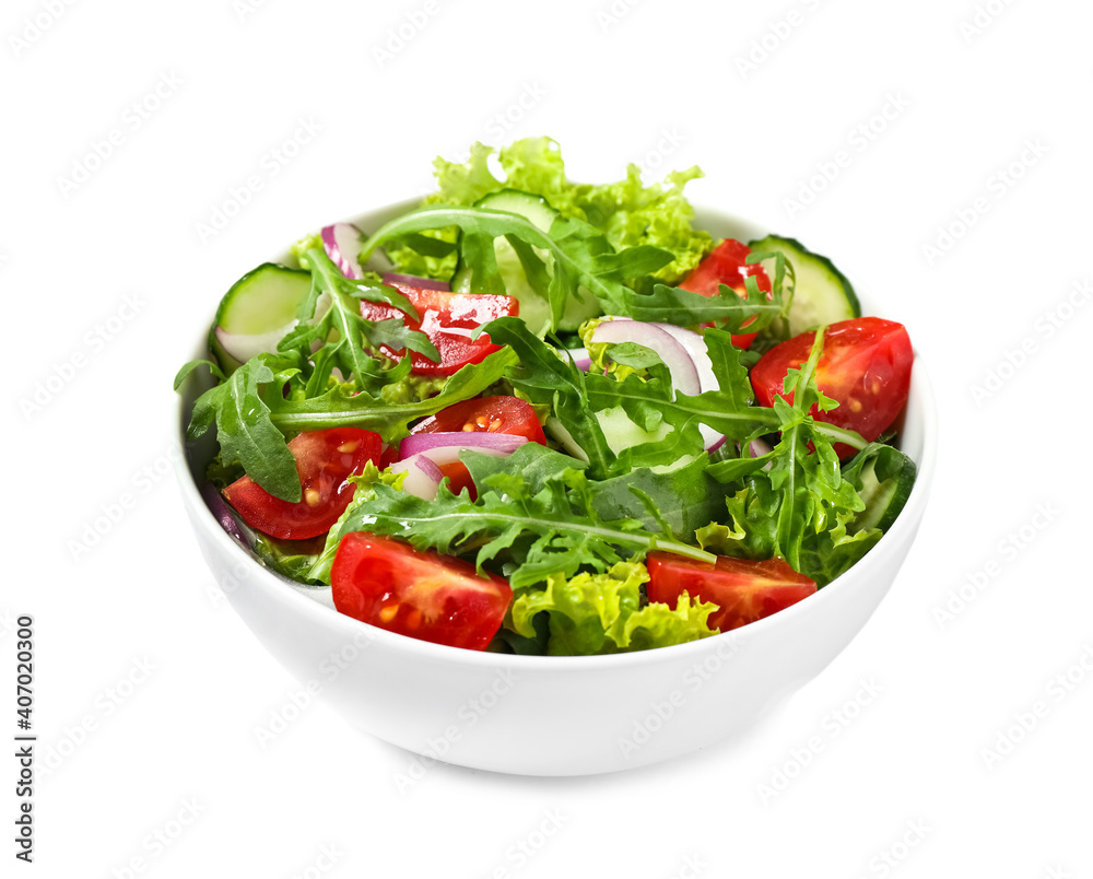 Delicious salad with arugula and vegetables isolated on white Delicious salad with arugula and vegetables isolated on white