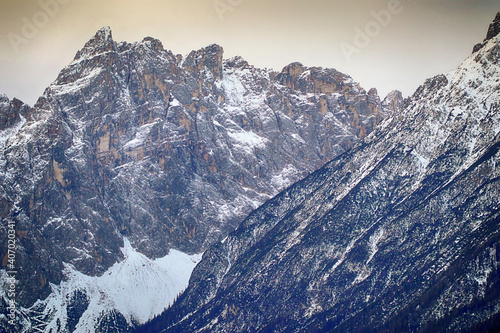 Italy, Dolomiti di Sesto (Dolomites of Sesto), Dolomites mountains of the Italian Alps in winter, aerial view