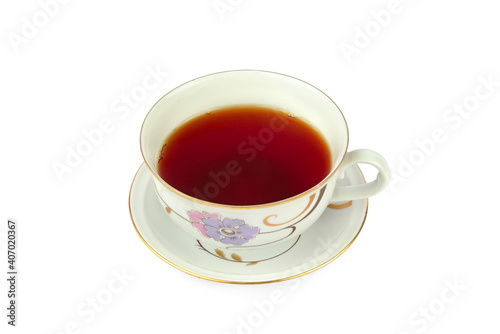 Elegant antique tea cup and saucer isolated on white .