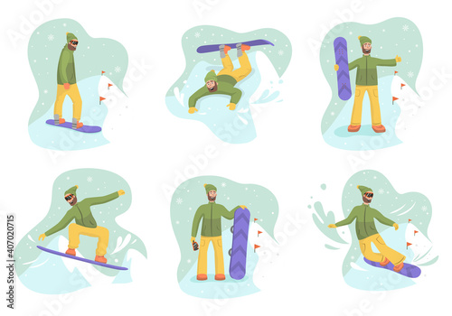 Set of snowboarders in different poses at ski resort.