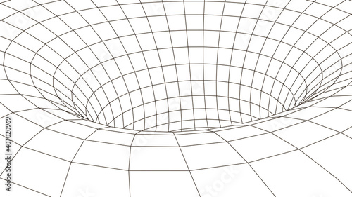 Fototapeta Naklejka Na Ścianę i Meble -  Futuristic white funnel. Wireframe space travel tunnel. Abstract blue wormhole with surface warp. Vector illustration.