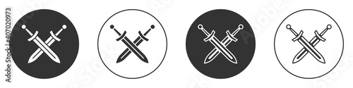 Black Crossed medieval sword icon isolated on white background. Medieval weapon. Circle button. Vector.