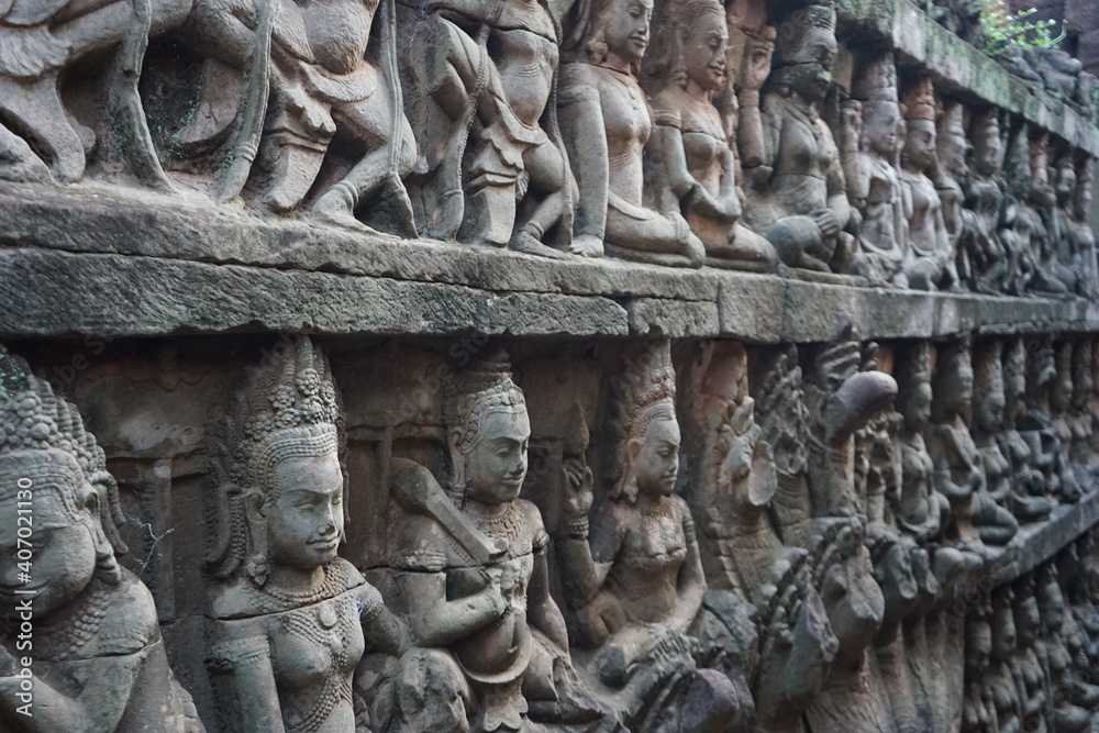 Bas relief at Elephant Terrace , Angkor Thom in Siem Reap, Cambodia, Ancient Khmer architecture.
