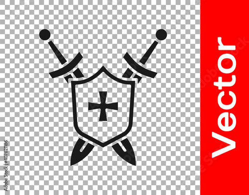 Black Medieval shield with crossed swords icon isolated on transparent background. Vector.