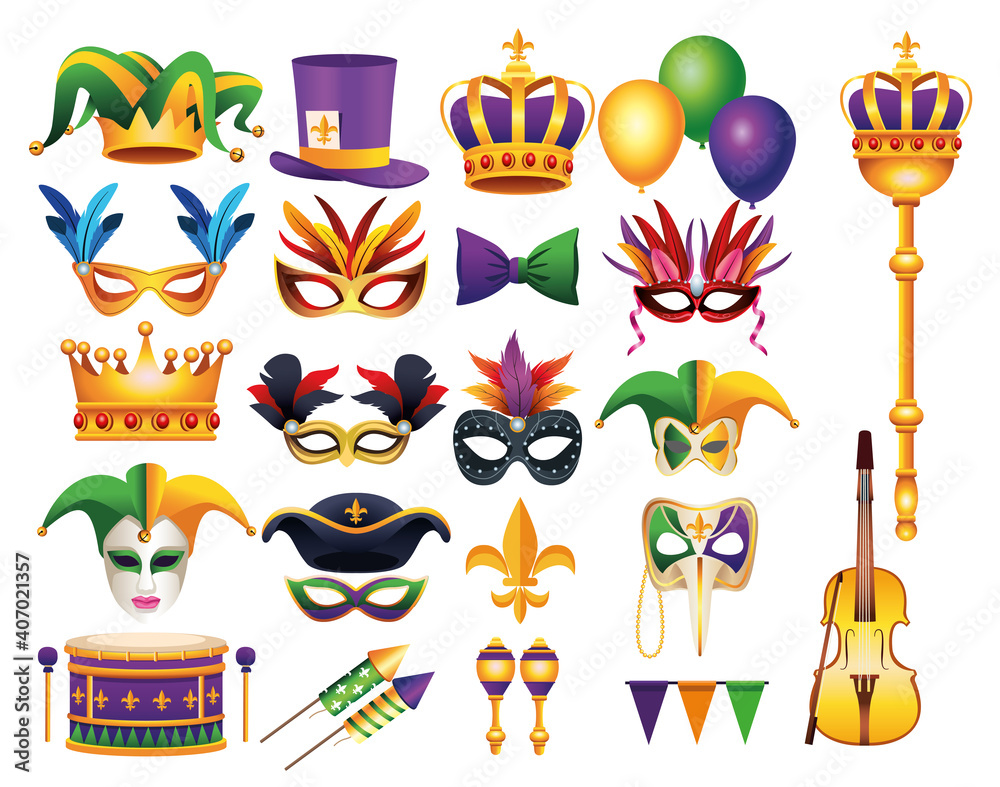 bundle of twenty two mardi gras carnival celebration set icons - obrazy, fototapety, plakaty 