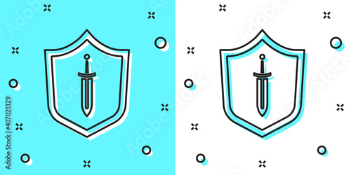 Black line Medieval shield with sword icon isolated on green and white background. Random dynamic shapes. Vector.