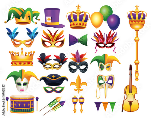 bundle of twenty two mardi gras carnival celebration set icons
