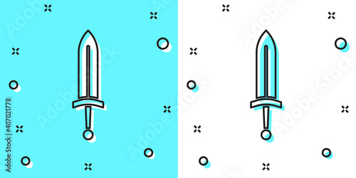 Black line Medieval sword icon isolated on green and white background. Medieval weapon. Random dynamic shapes. Vector.