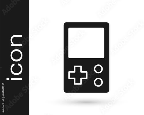 Black Portable tetris electronic game icon isolated on white background. Vintage style pocket brick game. Interactive playing device. Vector.