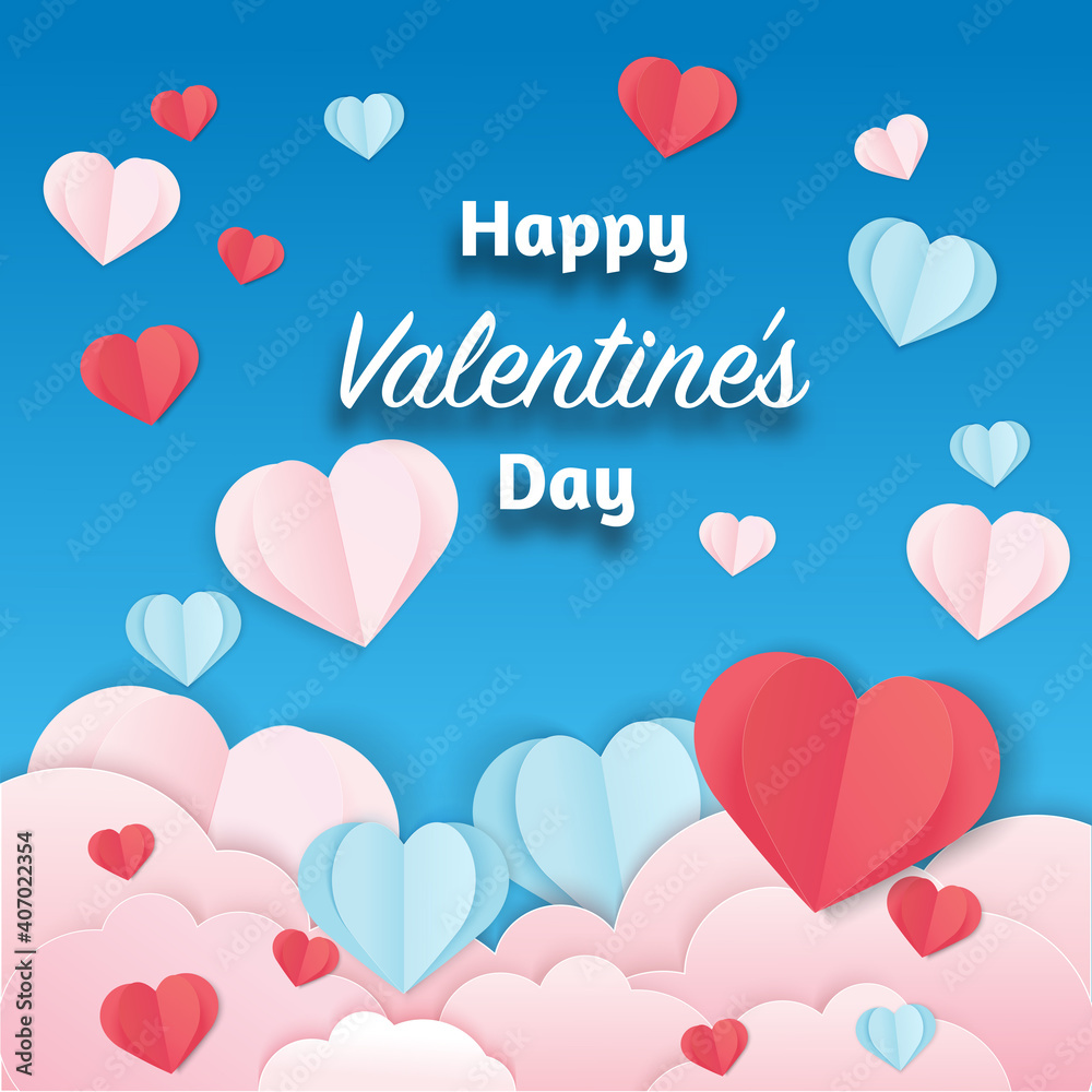 Happy valentine's day calligraphy. red, blue, and pink hearts in paper cut style floating on a blue sky and pink clouds, Vector illustration.