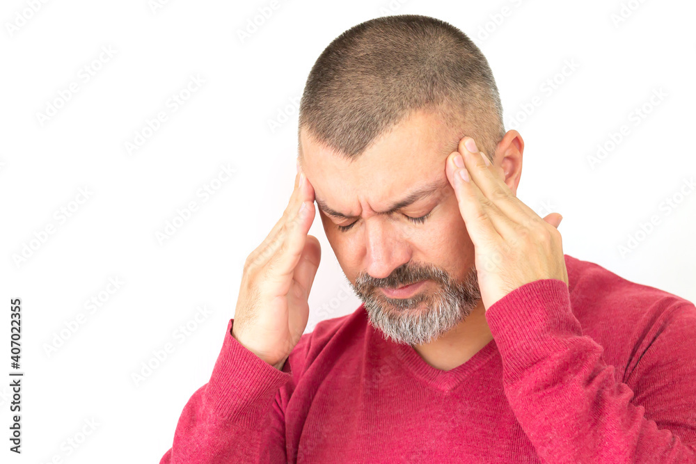 Bearded man suffering from headache, hangover, migraine, vertigo or stress Bearded man suffering from headache, hangover, migraine, vertigo or stress