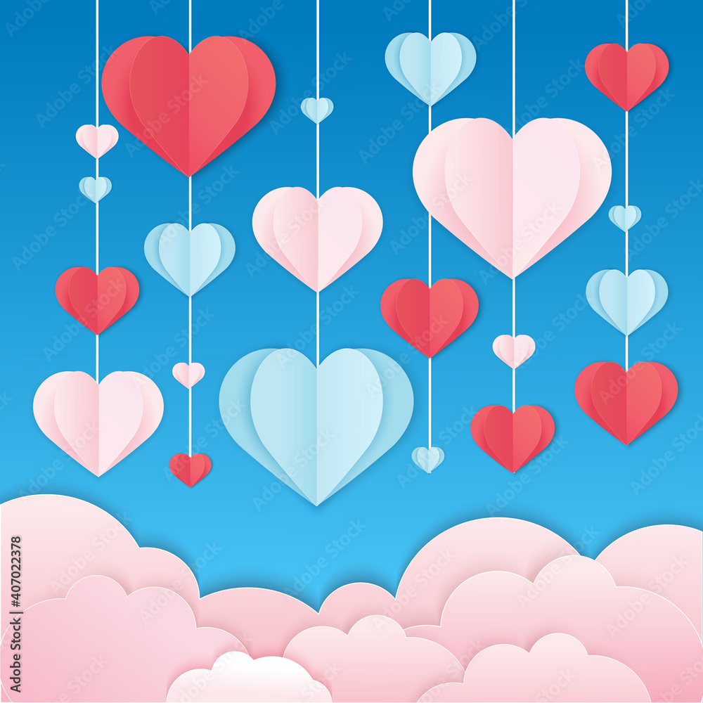 Red, blue, and pink heart shape hanging on a blue sky and pink clouds, vector illustration, Paper cut pattern decoration For the festival of love