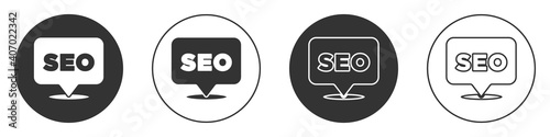 Black SEO optimization icon isolated on white background. Circle button. Vector.