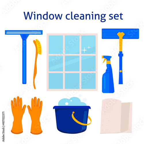 set of window cleaning tools squeegee brush household chemicals for cleaning the house, isolated symbols in cartoon style, on a white background