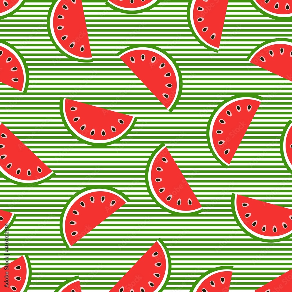 Seamless watermelon pattern with green lines. Slices with red flesh and black seeds. Seamless watermelon pattern with green lines. Slices with red flesh and black seeds.