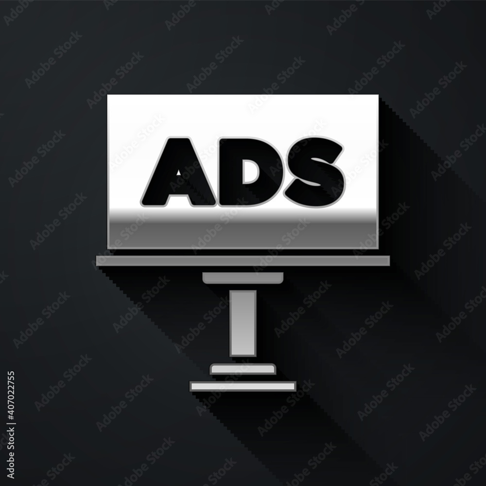 Silver Advertising icon isolated on black background. Concept of marketing and promotion process. Responsive ads. Social media advertising. Long shadow style. Vector. Silver Advertising icon isolated on black background. Concept of marketing and promotion process. Responsive ads. Social media advertising. Long shadow style. Vector.