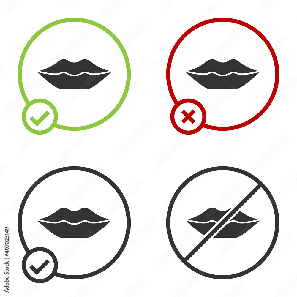 Black Smiling lips icon isolated on white background. Smile symbol. Circle button. Vector.