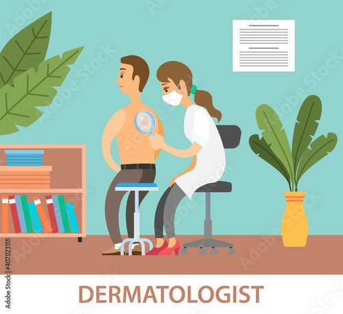 Dermatologist female character examining a spot from a male patient with magnifying glass in clinic. Medical procedure dermatoscopy. A dermatologist looking at a patients skin, therapist, oncologist