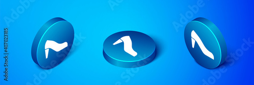 Isometric Woman shoe with high heel icon isolated on blue background. Blue circle button. Vector.