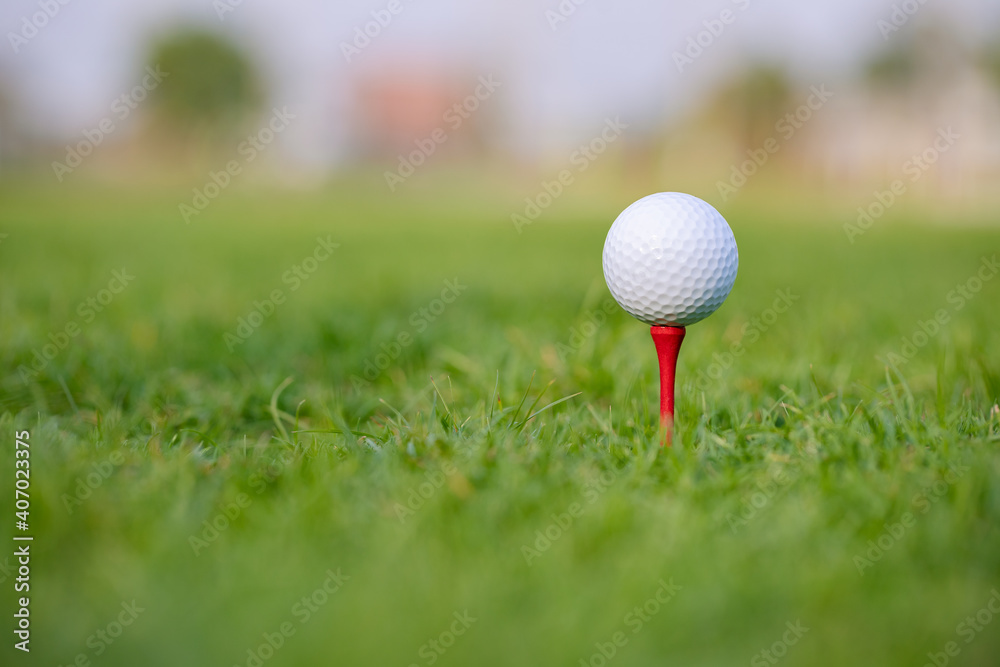 Golf ball on tee ready to be shot in beautiful green stadium. Golf helps to relieve tension and stimulate the brain function. Golf ball on tee ready to be shot in beautiful green stadium. Golf helps to relieve tension and stimulate the brain function.