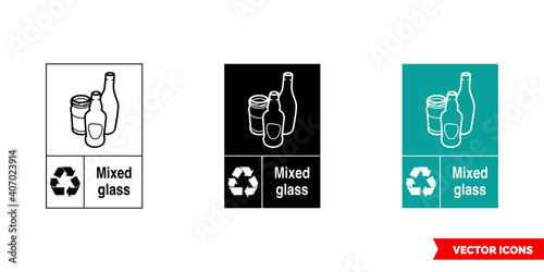 Mixed glass recycling sign icon of 3 types color, black and white, outline. Isolated vector sign symbol.