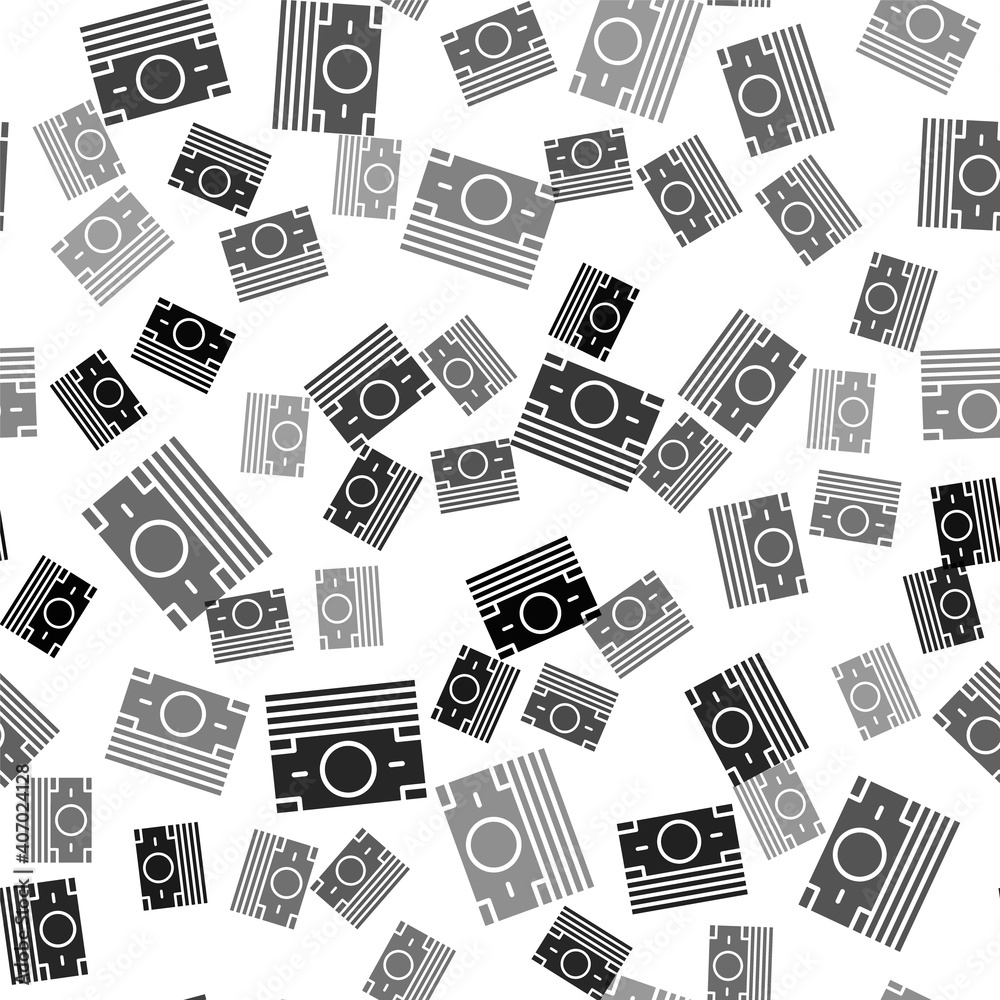Black Stacks paper money cash icon isolated seamless pattern on white background. Money banknotes stacks. Bill currency. Vector.
