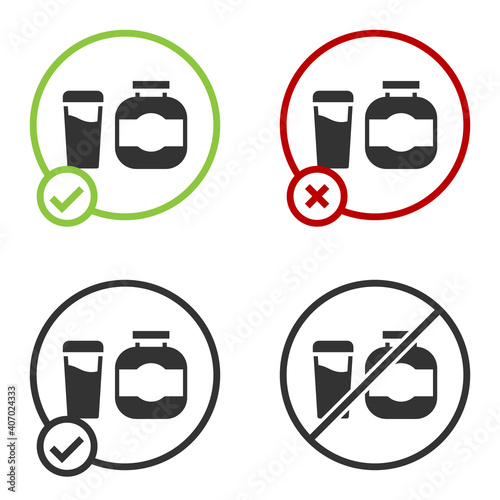 Black Sports nutrition bodybuilding proteine power drink and food icon isolated on white background. Circle button. Vector.