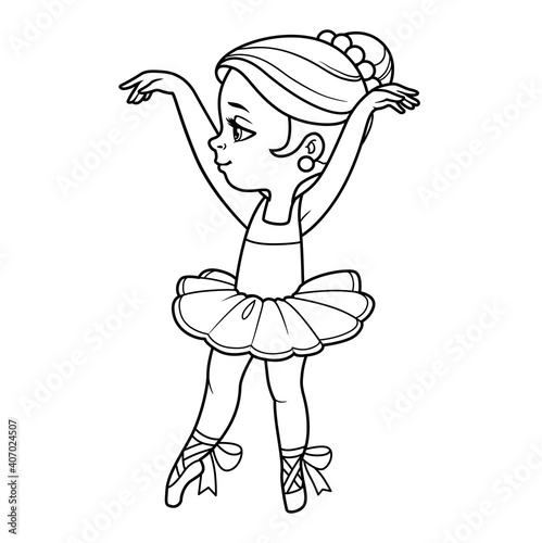 Cute cartoon ballerina girl in tutu hands up outlined for coloring isolated on a white background