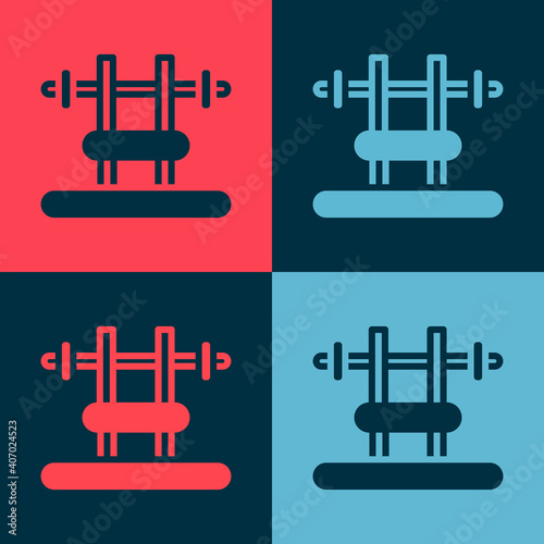 Pop art Bench with barbel icon isolated on color background. Gym equipment. Bodybuilding, powerlifting, fitness concept. Vector.