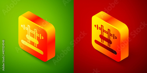 Isometric Bench with barbel icon isolated on green and red background. Gym equipment. Bodybuilding, powerlifting, fitness concept. Square button. Vector.