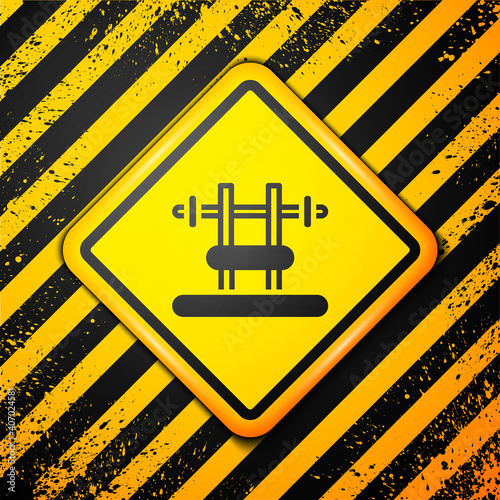 Black Bench with barbel icon isolated on yellow background. Gym equipment. Bodybuilding, powerlifting, fitness concept. Warning sign. Vector.