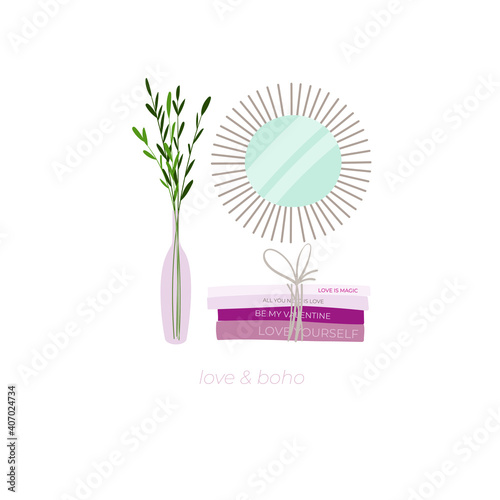 Love bohemian style. Green branch in vase and boho round mirror with books about love. Stock vector