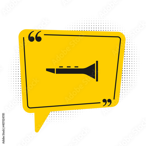 Black Clarinet icon isolated on white background. Musical instrument. Yellow speech bubble symbol. Vector.